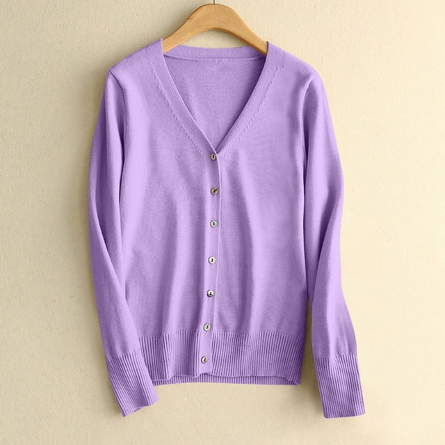 VgaVtl Chandails pour Femmes à Manches Longues à Col en V Chandails pour Femmes Grande Taille Cardigan Décontracté Régulier Violet Chandails à Boutons