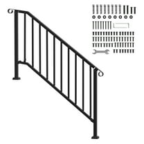 KFFKFF Outdoor Handrails for 5 Steps, Carbon Steel Stair Rail Kit with Installation Accessories, Transitional Railings for Concrete Steps, Porch, Deck, and Seniors, Black Arch Design