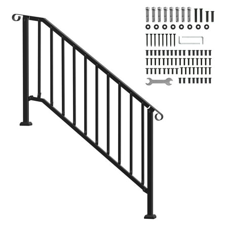 KFFKFF Outdoor Handrails for 5 Steps, Carbon Steel Stair Rail Kit with Installation Accessories, Transitional Railings for Concrete Steps, Porch, Deck, and Seniors, Black Arch Design