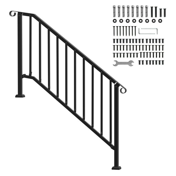 KFFKFF Outdoor Handrails for 5 Steps, Stair Hand Rail Kit, Durable Carbon Steel Construction, Includes Installation Kit, Ideal for Seniors, Suitable for Concrete Steps, Black Retro Design