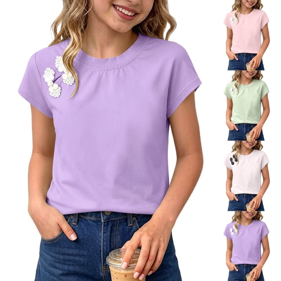 Loopsun Kids Girls Summer Tops Solid Round Neck Short Sleeve Blouses for 0 to 12 Years