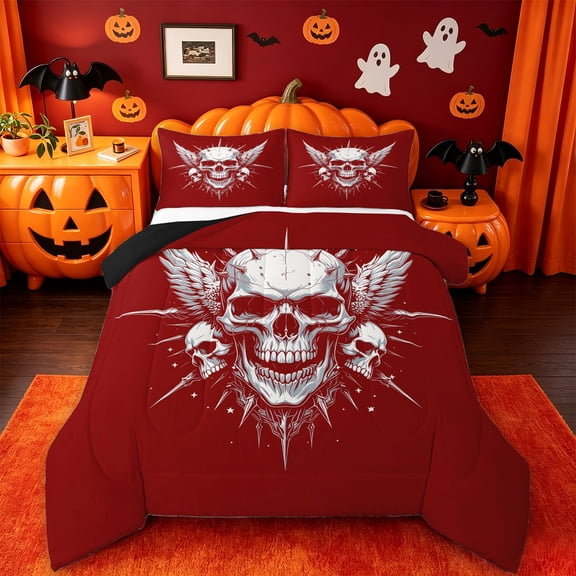 Homewish Halloween Wing Skull Full Size Comforter Sets,Sharp Spiked Print Bedding Comforter Set,Scarlet Red White,Black Reversible,3-Piece,1 Comforter and 2 Pillowcases