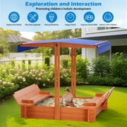 Yexmas 48 Wooden Sandbox with Lid, Outdoor Large Kids Sandbox with Seat,for Yard Lawn Garden