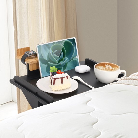 BambuMate Bamboo Bedside Shelf for Bed with Cable Management & Cup Holder,Attachable Removable Bedside Tray,Tablet Holder Black