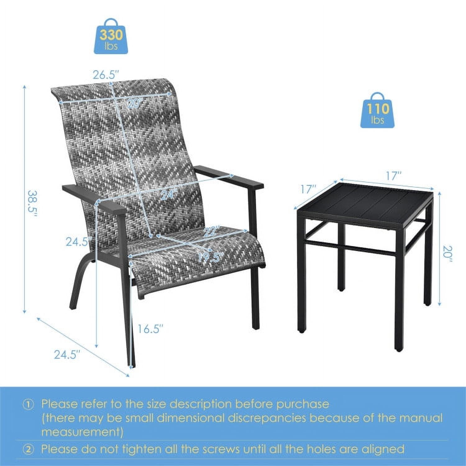 Aimee Lii 3 Pieces Patio Rattan Bistro Furniture Set, Patio Conversation Sets for Backyard and Poolside, Gray