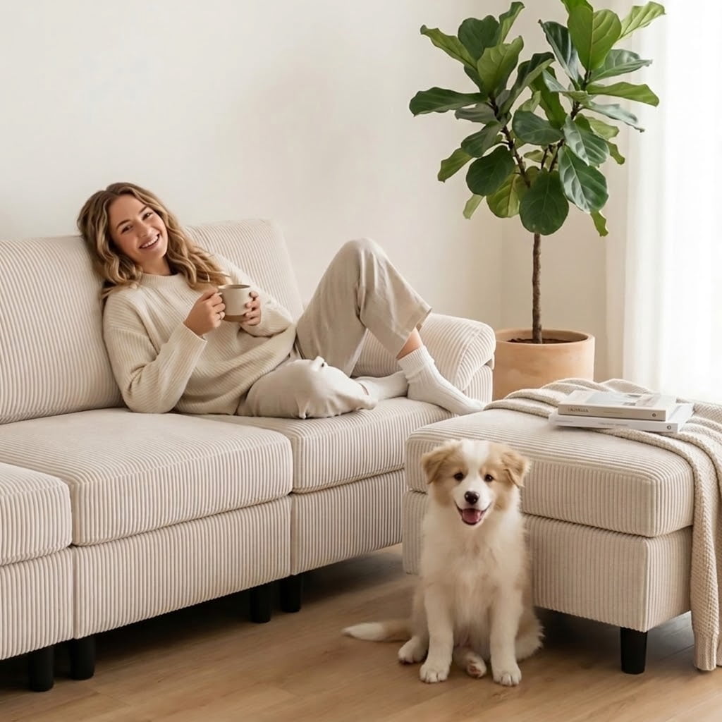 SAETSFEG Sectional Sofa, L-Shape 3-seat Couch with Movable Ottoman, Modern Storage Modular Sofa for Living Room,Beige