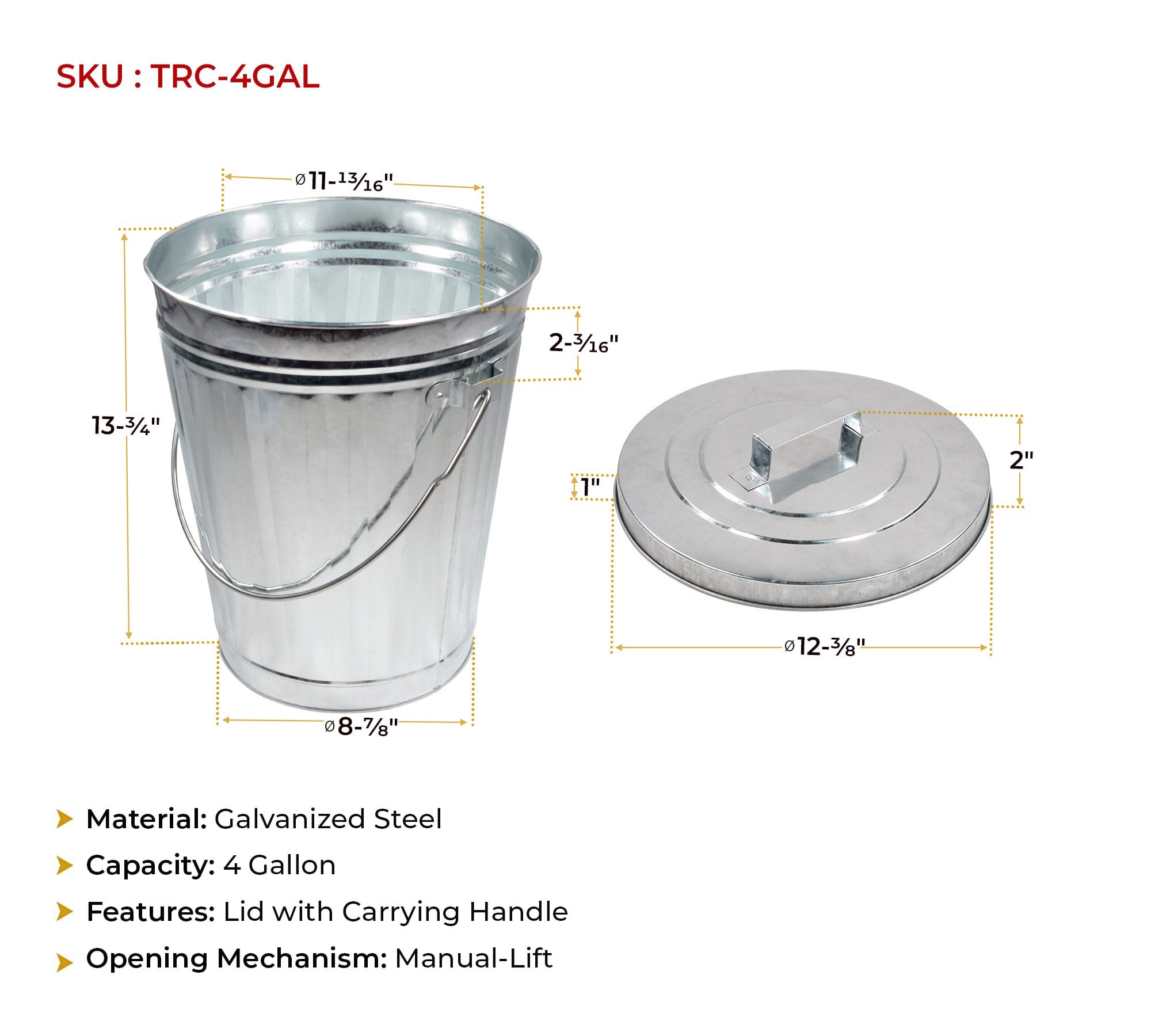 Galvanized Trash Can w/ Lid Ideal for Trailers - 4 Gallon Steel Mounted Small Outdoor Garbage Can for Home, Office, Bathroom, Kitchen - Fire and Heat Resistant