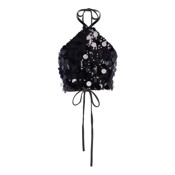 Doomiva Kids Girls Sequins Spaghetti Straps Crop Tank Top Sleeveless Camisole Modern Jazz Hip Hop Performance Vest Shirt B Black 170
