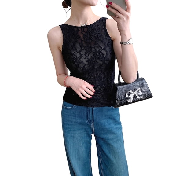 Women'S Floral Lace Scallop Spaghetti Strap Sleeveless Sheer Tank Top Blouse Black Vest S