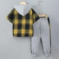 thumbnail image 4 of Godom Toddler Boy Clothes Spring Summer 2 Piece Outfit Cute Baby Boys Outfits Short Sleeve Plaid Color Collision Hooded Pants Sets,Light Yellow, 4 of 7