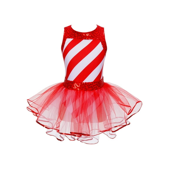 Zaldita Kids Girls Sequin Striped Christmas Dance Dress Ballet Tutu Ballerina Gymnastics Leotard Red 12