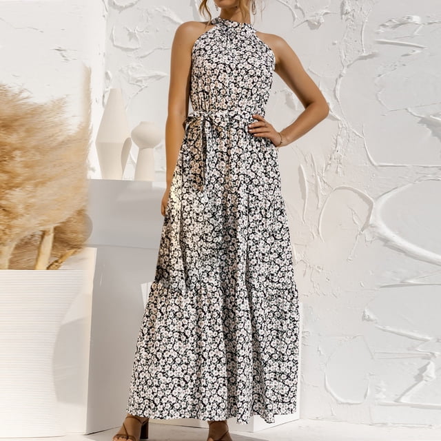 mtvxesu Robes pour Filles, Mode Femmes Été Sans Manches Imprimé Aguichant Décontracté à Bretelles Longue Robe Robes d'Invitée de Mariage