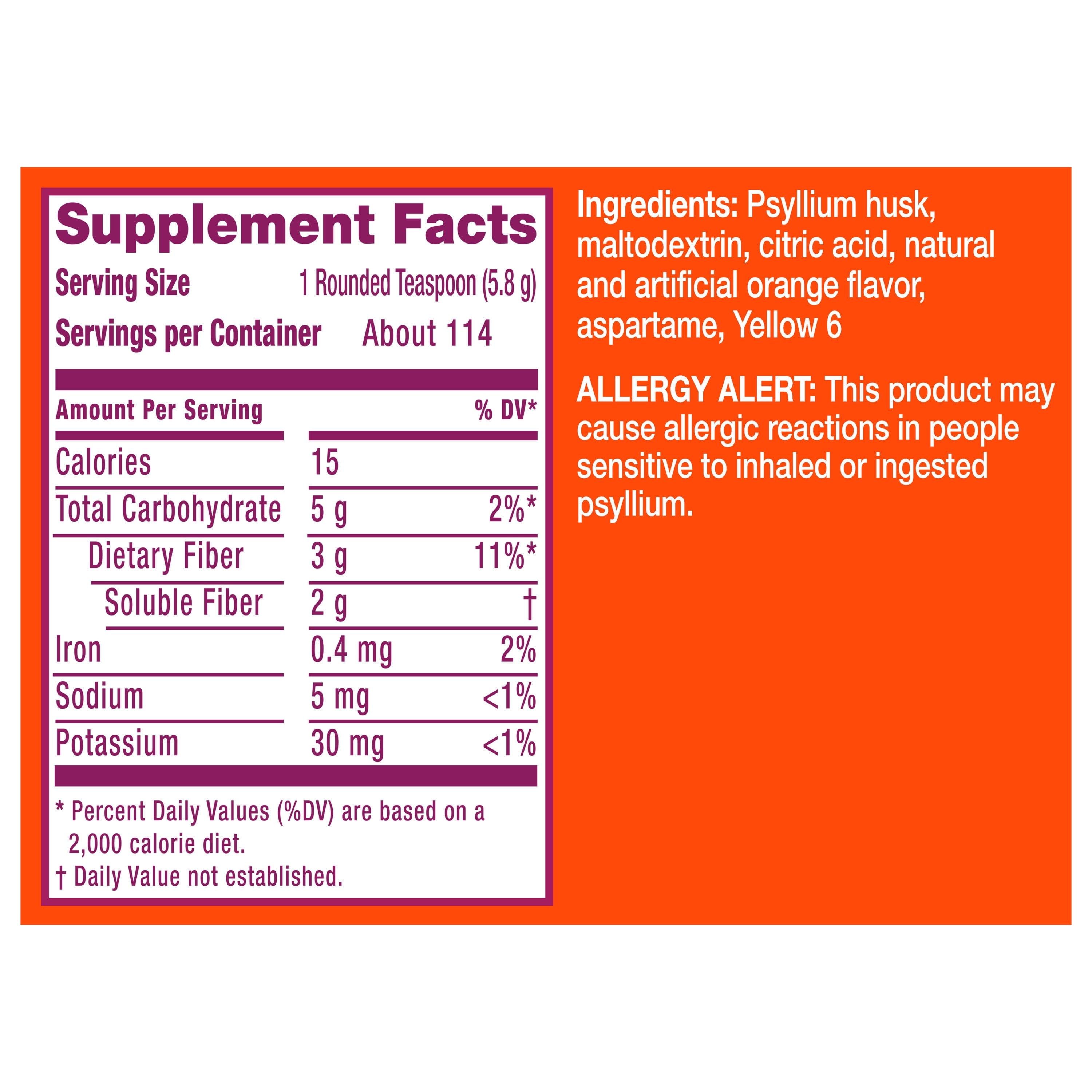 Metamucil Daily Fiber Supplement, Psyllium Husk Fiber Powder, Sugar-Free, Orange, 114 Ct