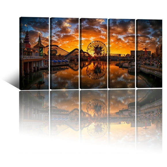 Conte de Fées Château Toile Murale Art Grande Roue Décoration Murale Anime Parc d'Attractions Impression sur Toile Image Crépuscule Château Paysage Peinture pour Salon Chambre Décoration Maison 60 x 32 Pouces