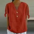 thumbnail image 2 of MIXUE Womens Summer Tops Summer Solid Color V Neck Button Short Sleeve Cold Shoulder Casual Tshirts Streetwear,Red,XL, 2 of 5