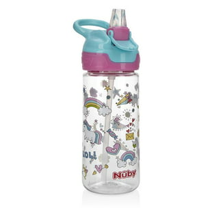 Nuby Push Button Flip-It Soft Spout Tritan Water Bottle, Unicorns, 18 oz