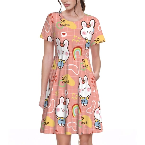 Easygdp Rabbit So Cute para Vestido Transpirable de Mujer, Vestido Suelto de Manga Corta con Pliegues y Bolsillos para el Verano