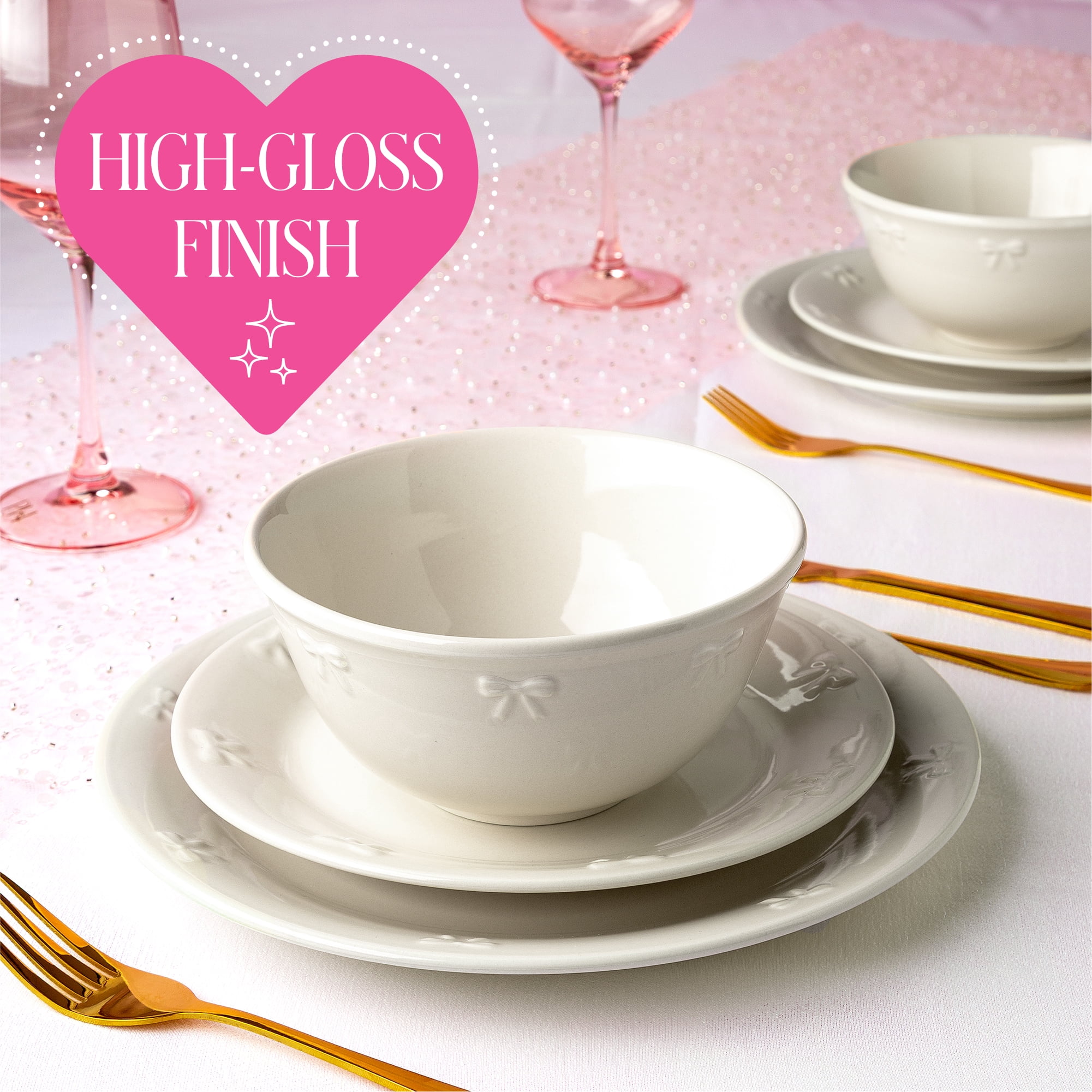 Paris Hilton London Collection 12-Piece Stoneware Dinnerware Set, Plates & Bowls Dish Set, Service for 4, Microwave & Dishwasher Safe, White with Bow Design