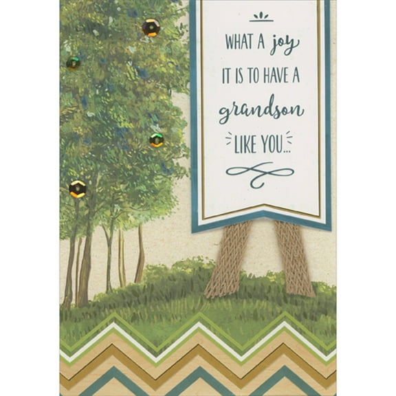 Designer Greetings What a Joy 3D Die Cut Tip On Banner Over Brown Ribbon and Sequins on Green Trees Hand Decorated Easter Card for Grandson