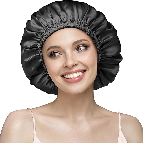wonima11 Double Layered 100% Silk Bonnet for Women, 22 Momme Pure Mulberry Silk Sleep Cap with Adjustable Elastic Band Stay On Head,Reduce Frizz, Keep Hairstyle, Soft & Breathable, Black, M
