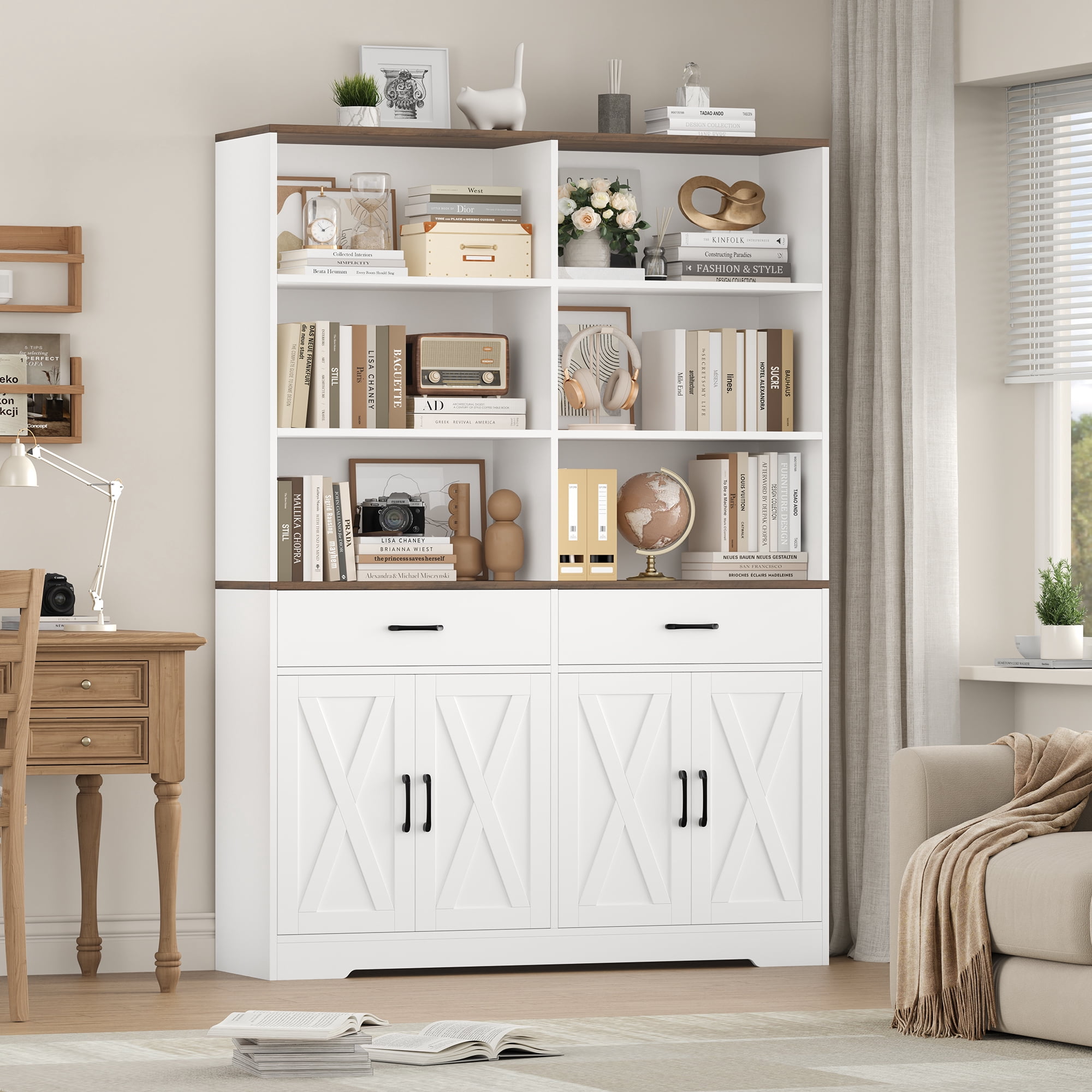 Homfa 69'' White Bookshelf with Drawers, 6-Tier 6 Cubes Display Bookshelf, 4 Doors Double Row Bookcase with Adjustable Shelves for Living Room Home Office