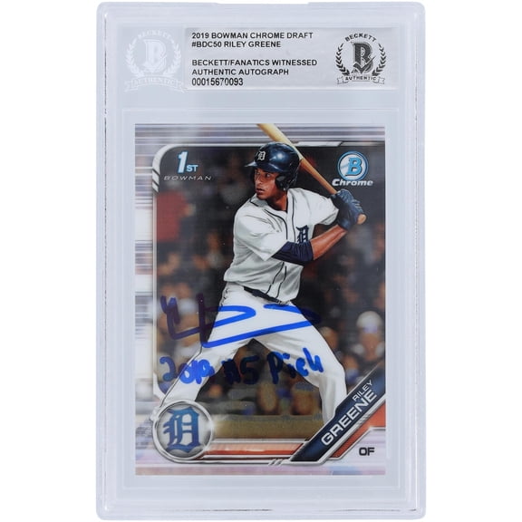 Riley Greene Detroit Tigers Autographed 2019 Bowman Chrome Draft #BDC-50 Beckett Fanatics Witnessed Authenticated Rookie Card with "2019 #5 PICK" Inscription - Fanatics Authentic Certified