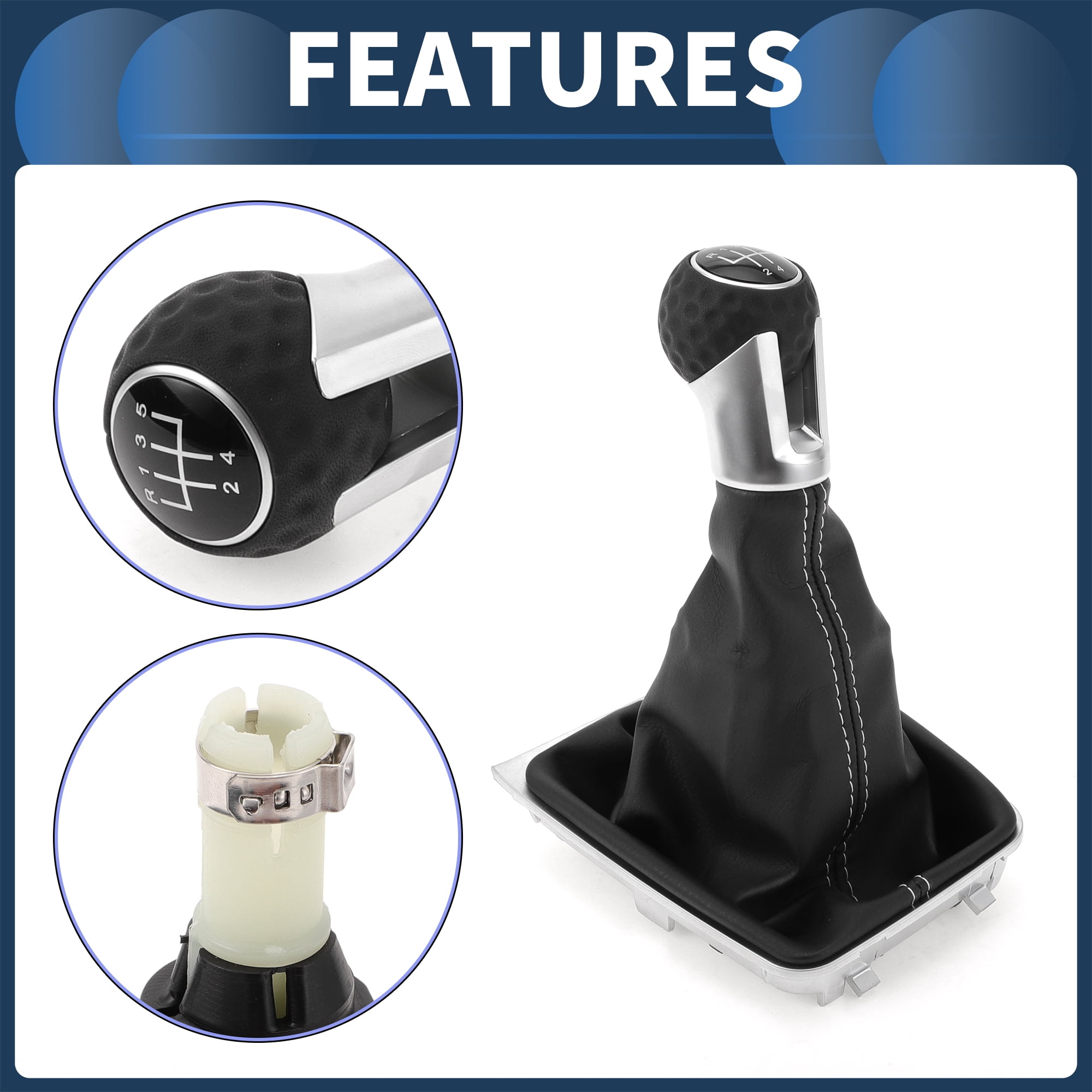 Unique Bargains 5 Speed Manual Gear Shift Knob with Cover, Gearbox Stick Shifter Lever Knob for VW Golf MK7 GTI GTD 2013-2018 Plastic Faux Leather Black White, 1 Pc