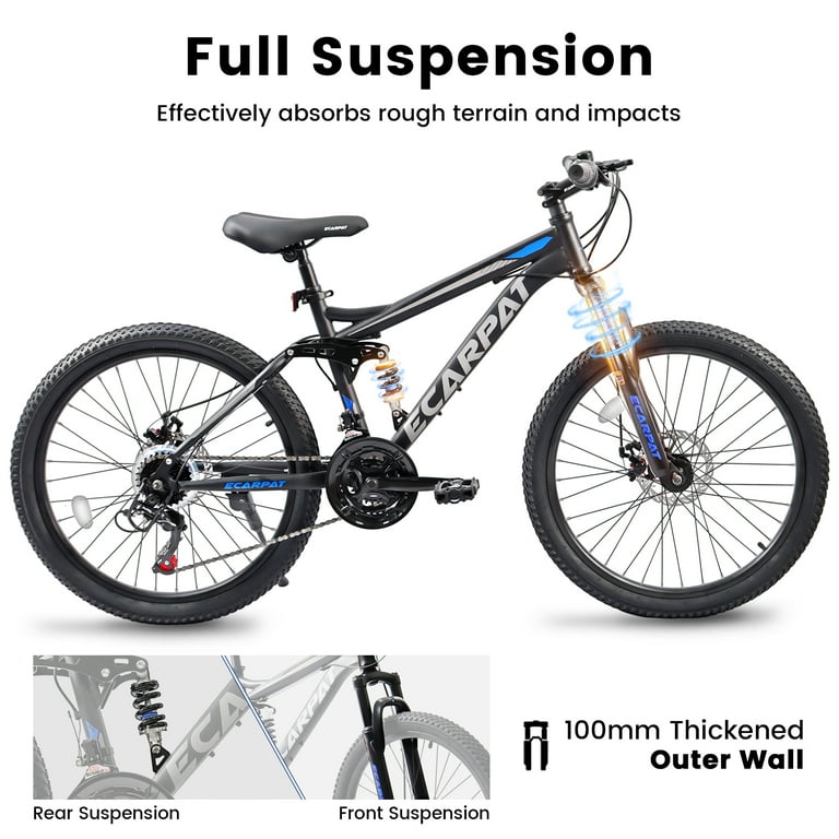 24 inch Mountain Bike for Kids Full Suspension Boys Bike with Disc Brakes 21 Speeds Black