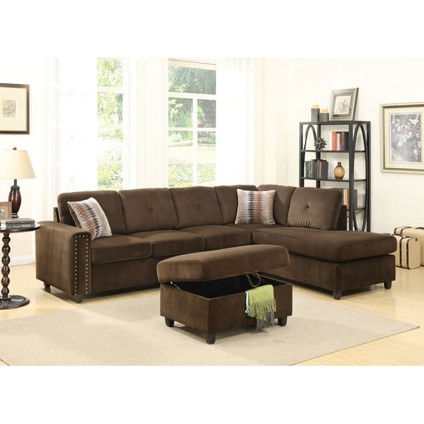 Acme Belville Reversible Sectional Sofa, Chocolate Brown Velvet Sectional Sofa