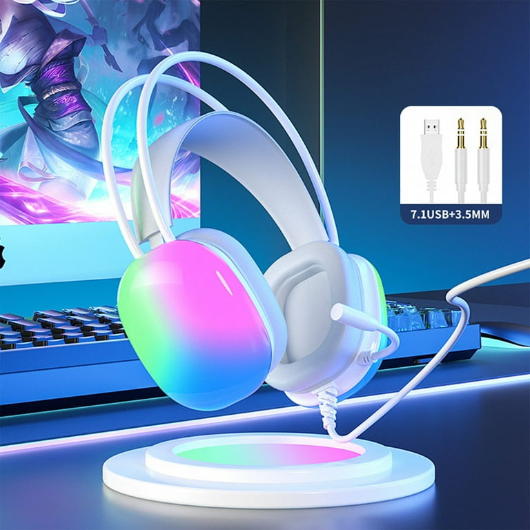 Open Ear Bluetooth Headphones Premium 7.1 Surround Sound Wired Gaming Headset with Captivating RGB Lighting USB Interface and Detachable Microphone