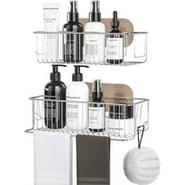 Shower Caddy with Towel Bar and Hooks, 2 Pack Wall Mounted Bathroom Organizer, Stainless Steel Adhesive No Drilling Shower Storage Rack for Bathroom, Kitchen, Bedroom, Toilet, Silver
