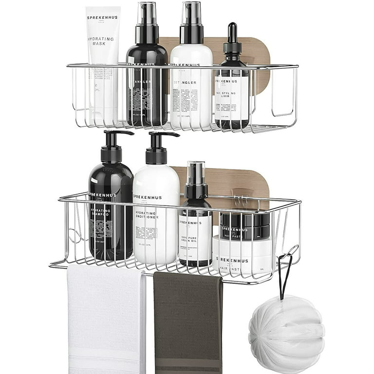 Shikan Shower Caddy with Towel Bar and Hooks, 2 Pack Wall Mounted Bathroom Organizer, Stainless Steel Adhesive No Drilling Shower Storage Rack for Bathroom