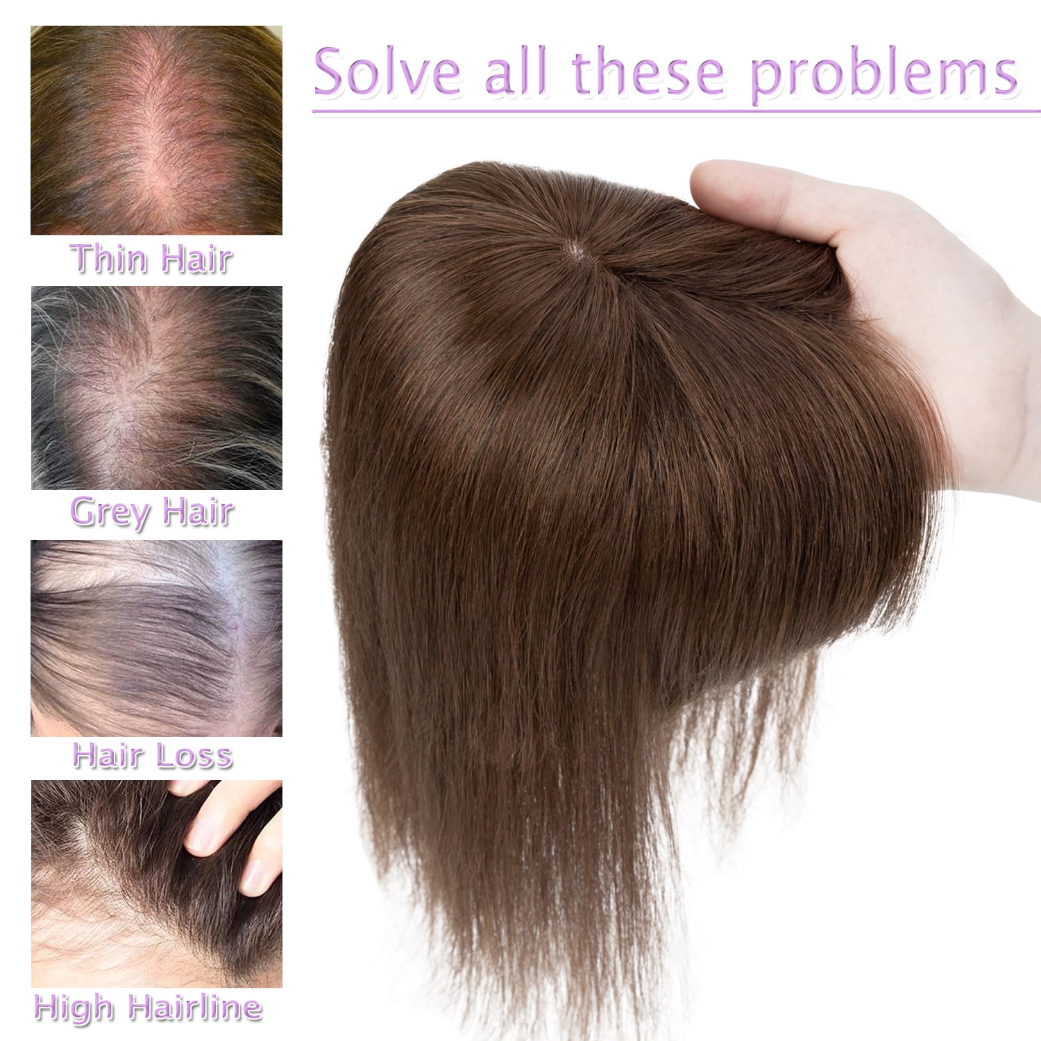 Benehair 10*12cm 100% Remy Human Hair Extensions Clip In Women's Topper Toupee Hairpiece With Bang Mono Base Wiglet Hair Loss Black US