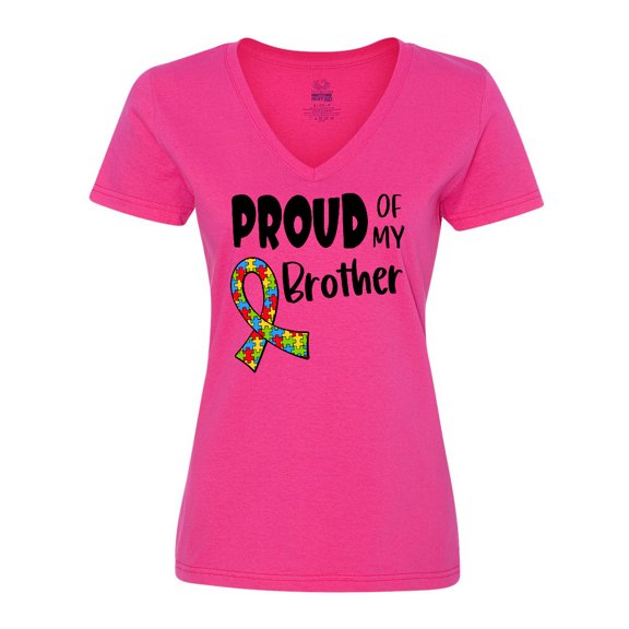 Inktastic Proud of my Brother Autism Awareness Puzzle Piece Ribbon Women's V-Neck T-Shirt