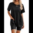 thumbnail image 1 of Conjuntos de 2 Piezas para Mujer, Chándal de Verano de Corta, Ropa de Estar por Casa, Pantalones Cortos con Cuello Redondo. Negro M, 1 of 7