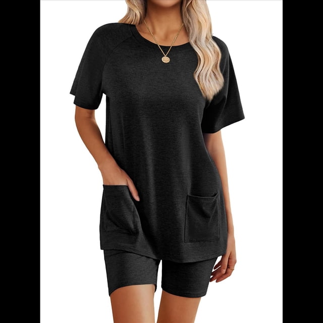 Conjuntos de 2 Piezas para Mujer, Chándal de Verano de Corta, Ropa de Estar por Casa, Pantalones Cortos con Cuello Redondo. Negro M