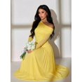 thumbnail image 3 of Women Yellow One Shoulder Long Sleeve Floral Embroidery Ruched Waist Maxi, 3 of 6