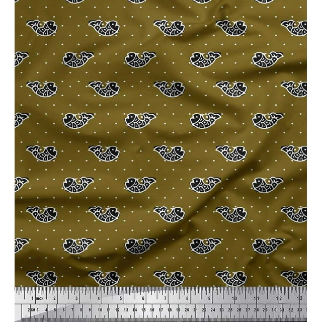 Soimoi Polyester Crepe Fabric Fish Block Print Sewing Fabric Yard 52 Inch Wide