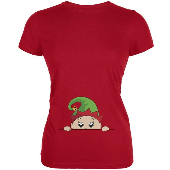 Christmas Peeking Baby Elf Red Juniors Soft T-Shirt - Small