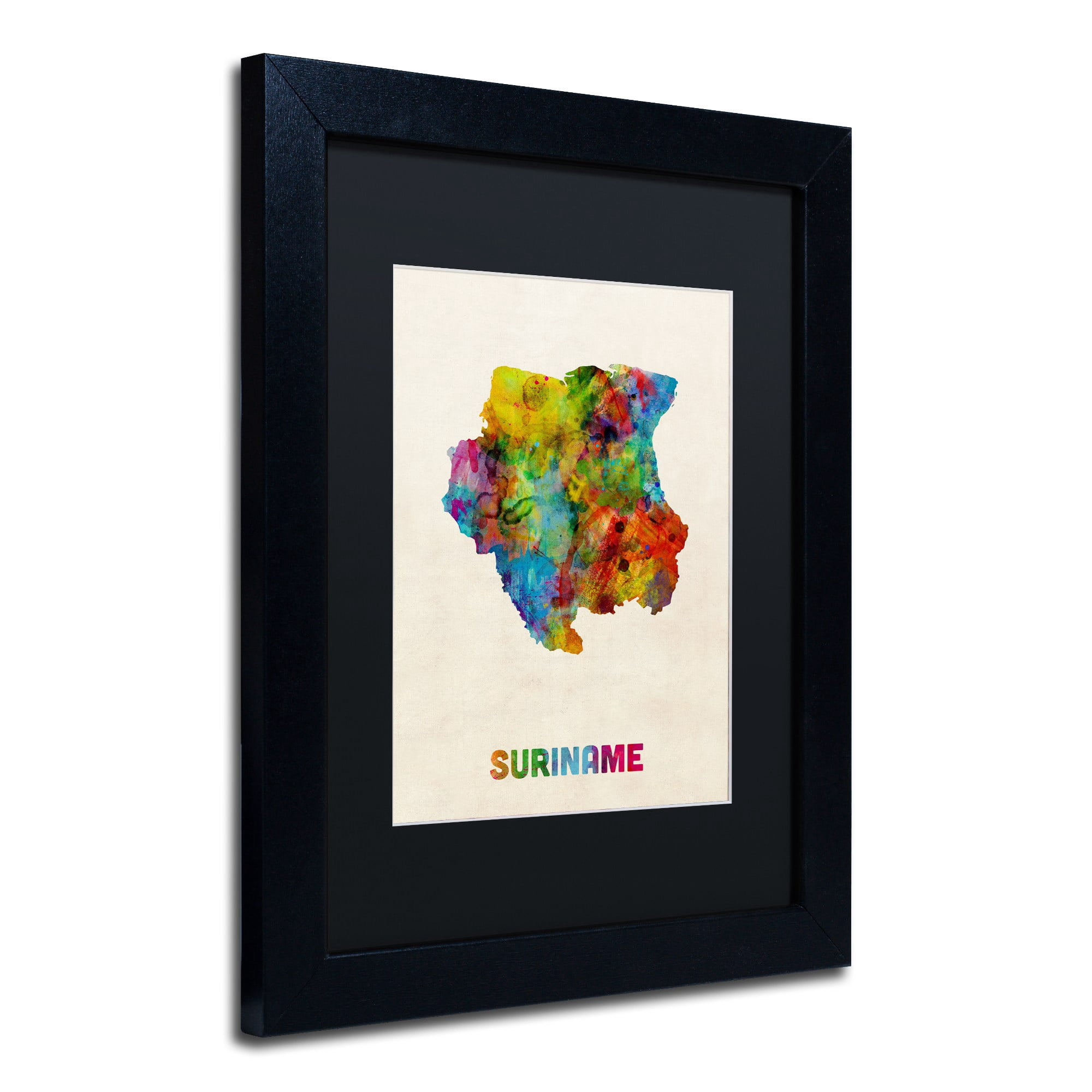 Trademark Fine Art "Suriname Watercolor Map" Canvas Art by Michael Tompsett Black Matte, Black Frame