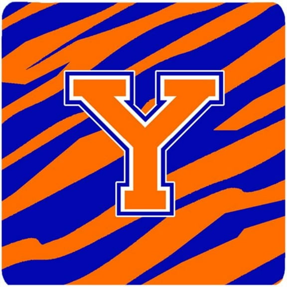Monogram - Tiger Stripe - Blue Orange Foam Coasters, Initial Letter Y - Set 4, 3.5 x 3.5 In.