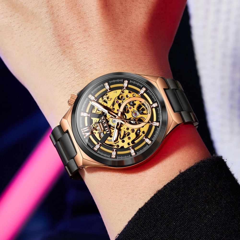 OLEVS Skeleton Watches for Men Luxury Dress Automatic Self Winding Mechanical Gold Plated Stainless Steel Waterproof Luminous Business Men Wrist Watch Reloj Para Hombre