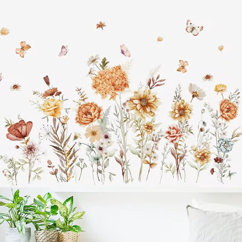 wondever Boho Wildflower Wall Stickers Garden Flowers Grass Peel and Stick Wall Art Decals for Living Room Girls Room Bedroom