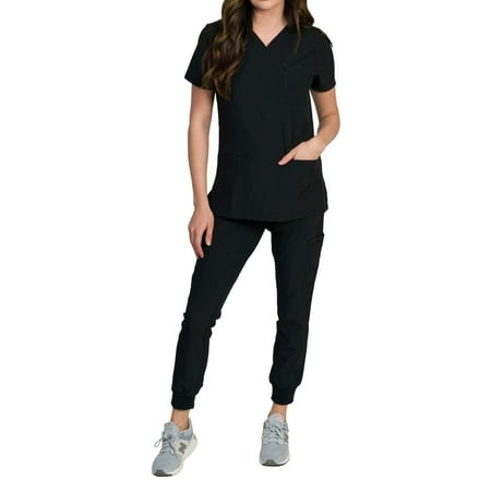 

Medgear Fleur Women s Stretch Scrub Set with Zip Pocket Top and Jogger Pants Black X-Large