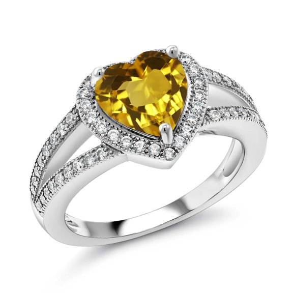 Gem Stone King 925 Sterling Silver Yellow Citrine and White Moissanite Ring for Women (2.11 Cttw, Gemstone November Birthstone, Heart Shape 8MM, Available in Size 5,6,7,8,9)