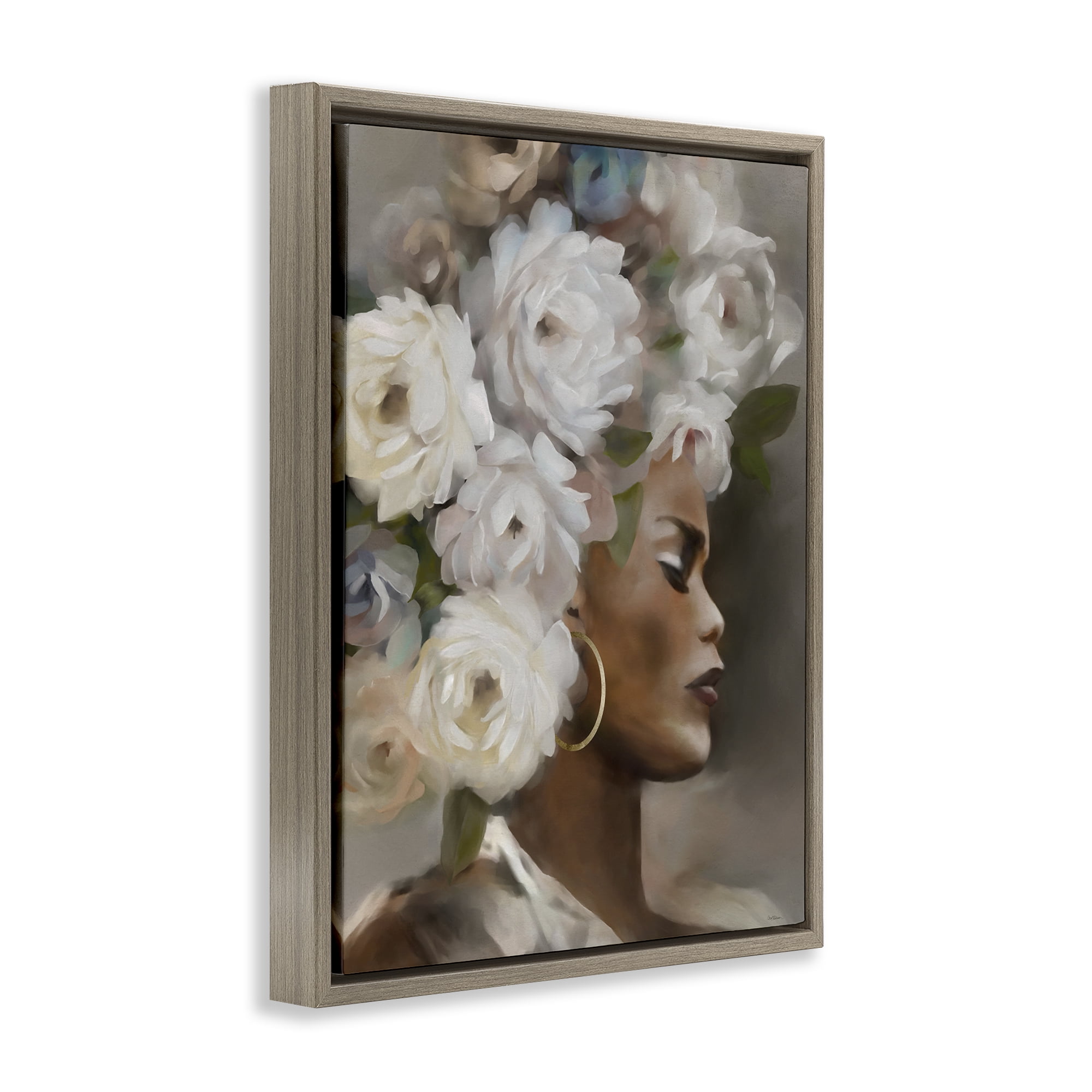 Stupell Industries Woman with Floral Headdress Plants & Flowers Painting Brown Floater Framed Canvas Art Print Wall Art, 25 x 31