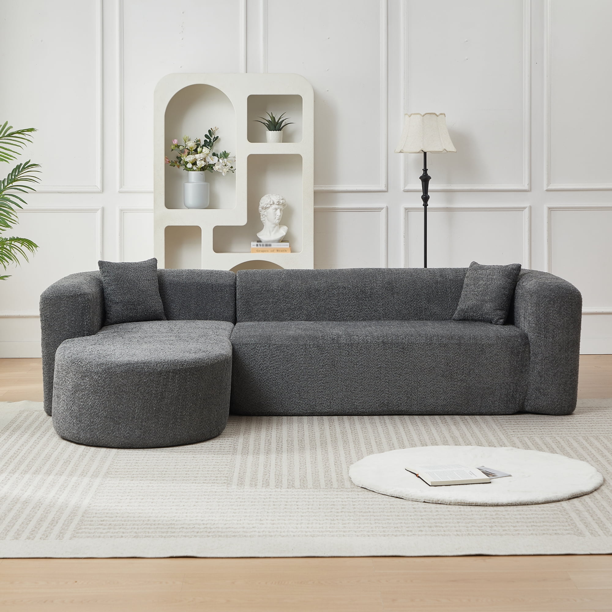 Leumius 109.4" Modern L-Shape Modular Sectional Sofa, Luxury Modern Curved Back Sofa with 2 Throw Pillows, Minimalist Boneless Cloud Couch Gray