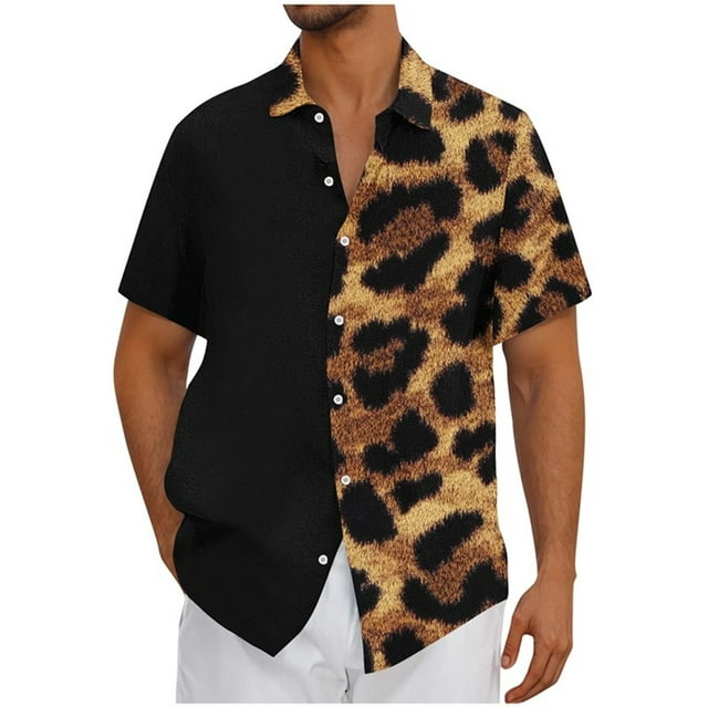 Men's Vintage Bowling Shirts Leopard Graphic Casual Short Sleeve Button Up Contrast Shirt Summer Color Block Shirts