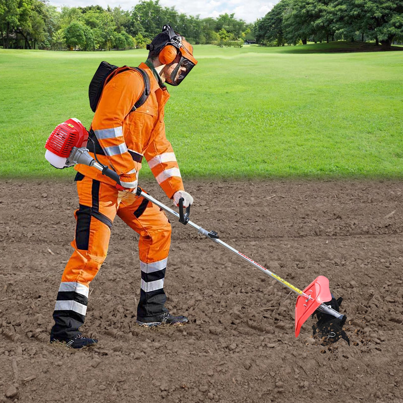 51.7CC 2-Stroke Long Pole Mini Gas Tiller, 9" Working Width Cordless Handheld Weeding Soil Loosening Machine for Garden Farm