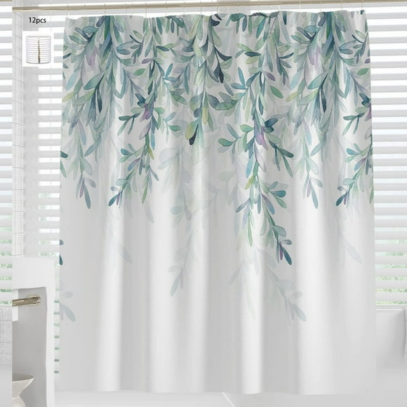 EcoLeaf 3D Green Watercolor Shower Curtain - Washable Waterproof Fabric with 12 Hooks, 72x72 Inches